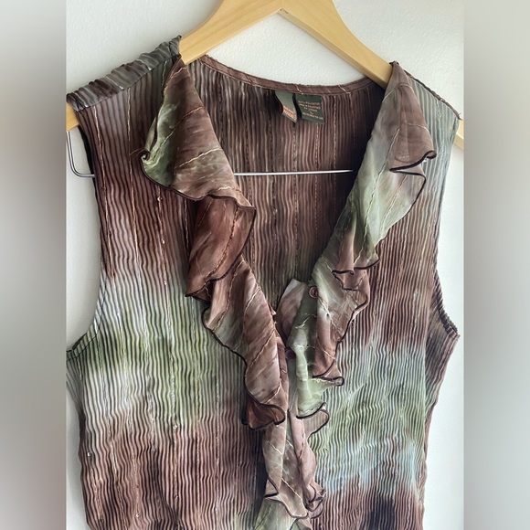 Serenade Y2K Earthy Brown & Green Ruffled Blouse Women's Crinkle Top Sz Large - Picture 5 of 6